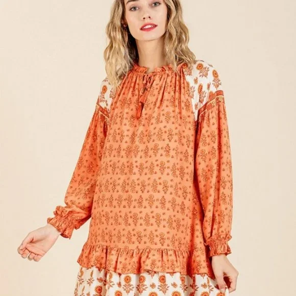 Umgee | Floral Long Puff Sleeve Keyhole Dress Ruffle Hem Tassel Tie Tiered Boho - Picture 7 of 16